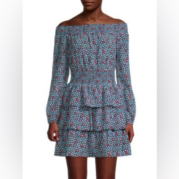 MICHAEL MICHAEL KORS T Palm Printed Off-The-Shoulder Minidress Size L - Picture 1 of 11